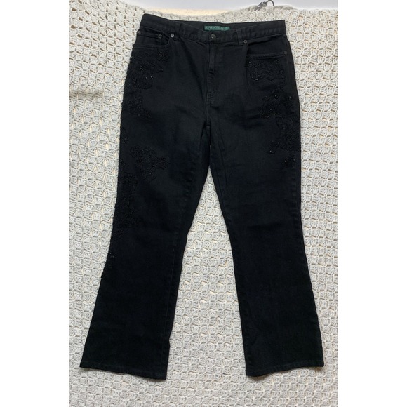 Ralph Lauren Jeans Women's Sz  12 Boot Black Denim Flower Embroided Embellished - Picture 1 of 11